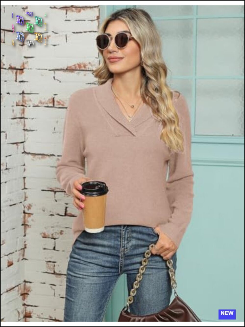 Women's V-Neck Long Sleeve Knit Pullover Sweater - Soft Viscose Blend - Picture 4 of 6